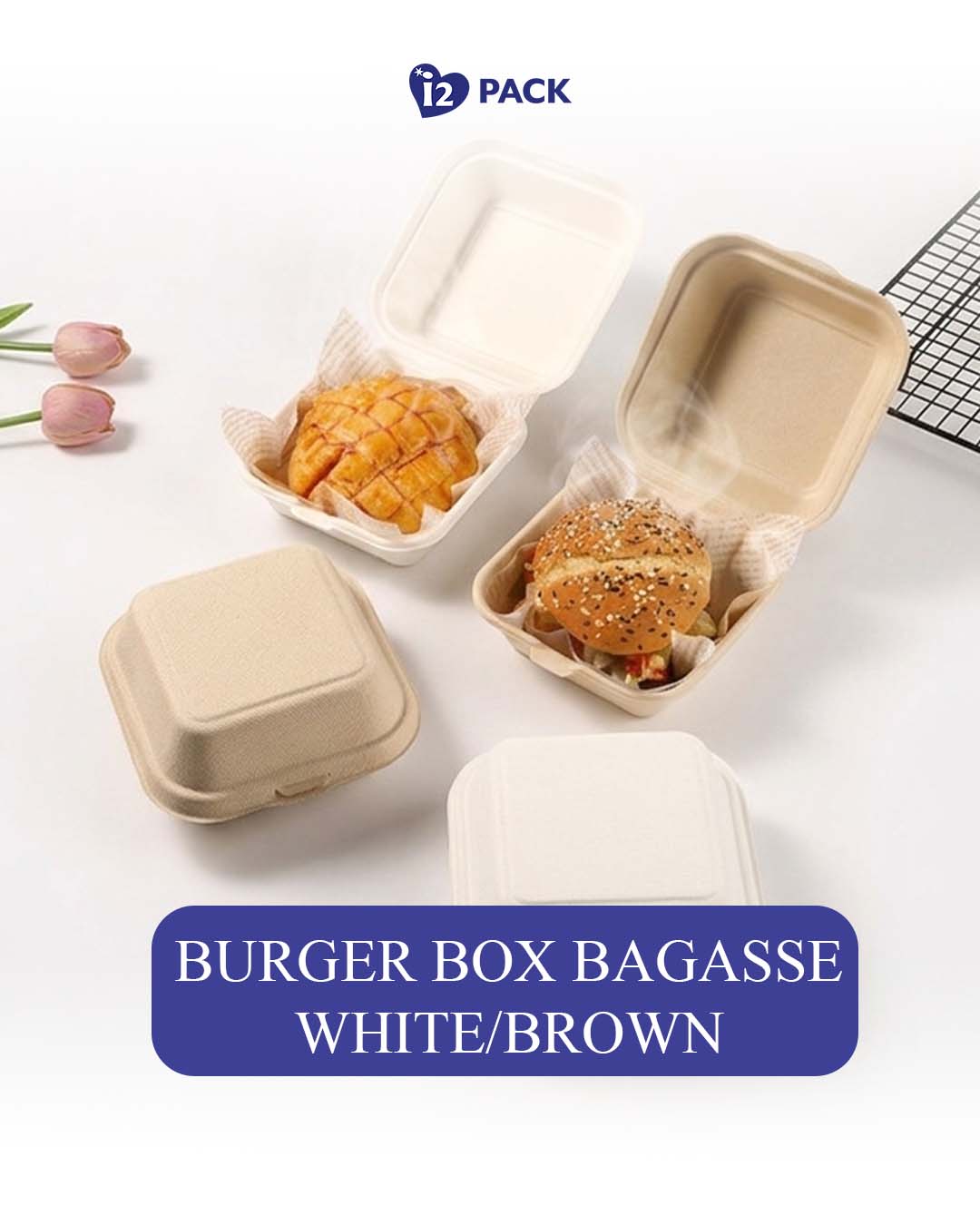 BURGER BOX BAGASSE WHITE/BROWN